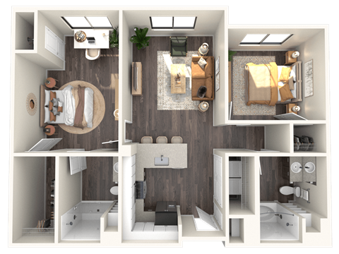 Floor plan for 2 beds, 2 baths, 1049 sqft